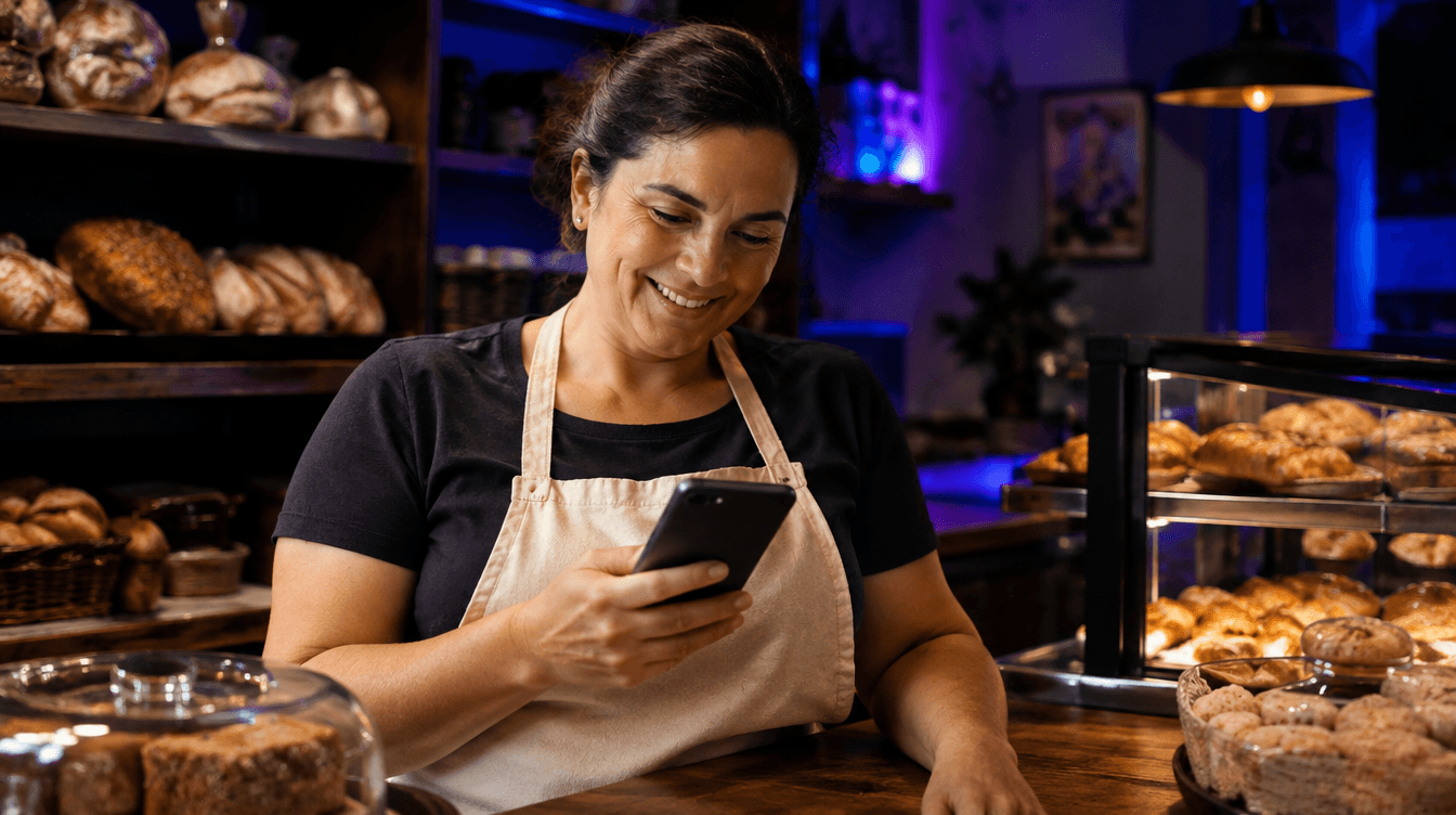 Dona de padaria verificando avaliações de clientes no celular