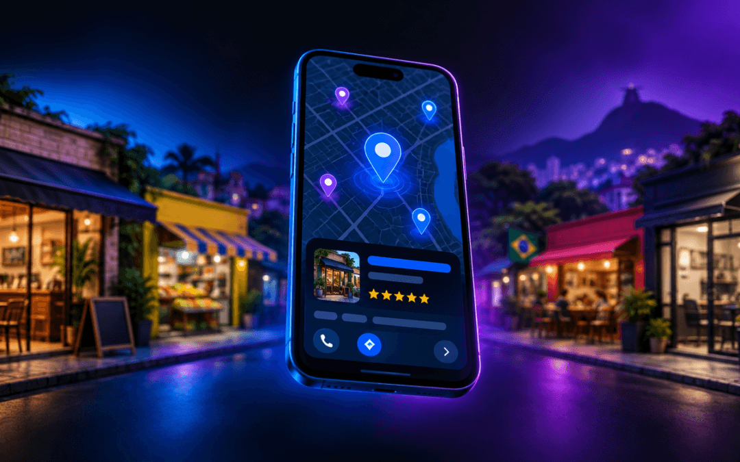 Celular com mapa e perfil de empresa avaliado com cinco estrelas no Google Maps