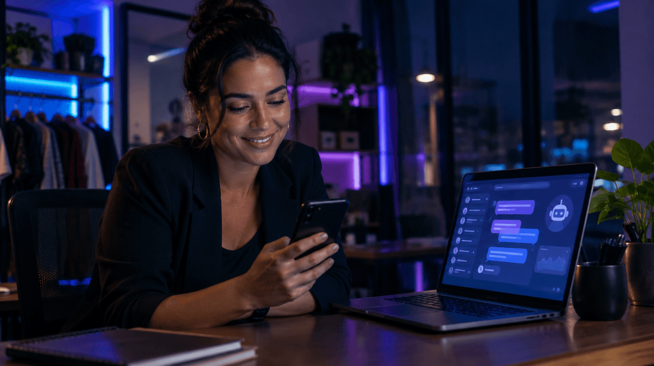 Empresária brasileira acompanhando pelo celular o atendimento com IA no WhatsApp da sua loja
