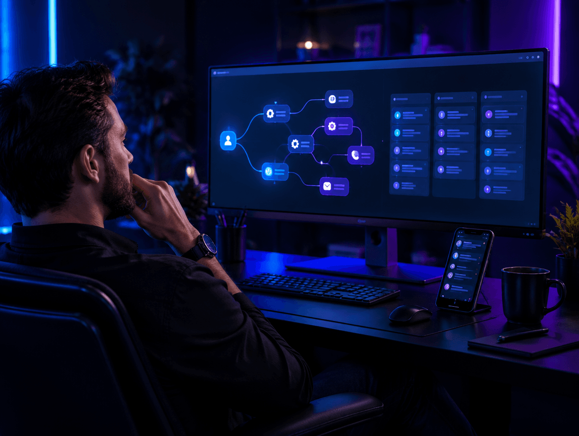 Automações e Sistemas Integrados Gestor comercial acompanhando automações e CRM integrados criados pela Raus Digital