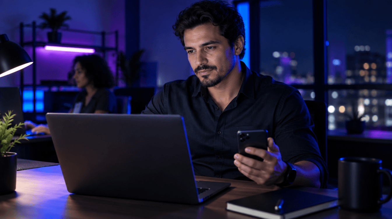 Empresário brasileiro revisando uma proposta comercial no notebook e acompanhando a conversa com o cliente no celular