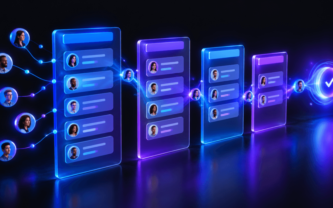 Ilustração 3D de um funil de vendas em colunas de CRM com cards de clientes avançando entre as etapas