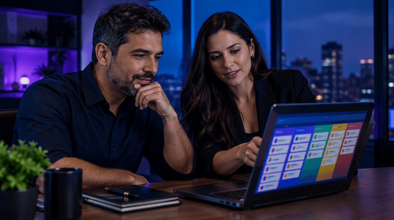 Empresário e gestora comercial analisando o funil de vendas de um CRM para pequenas empresas no notebook