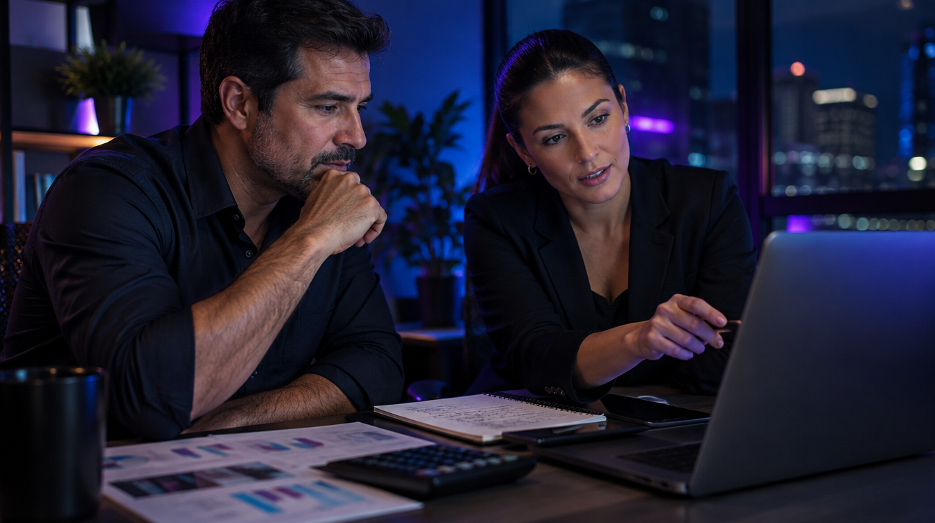 Empresário e gestora comercial analisando no notebook o custo de aquisição de cliente da empresa