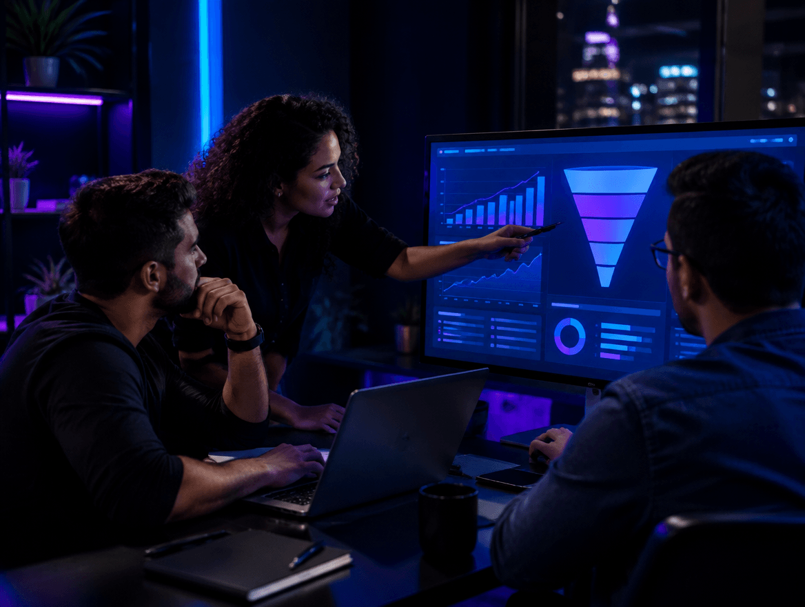 Equipe da Raus Digital analisando a estratégia de marketing e vendas de um cliente