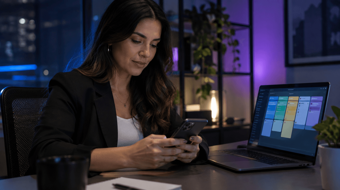 Vendedora brasileira enviando mensagem de follow-up de vendas para cliente pelo celular no escritório