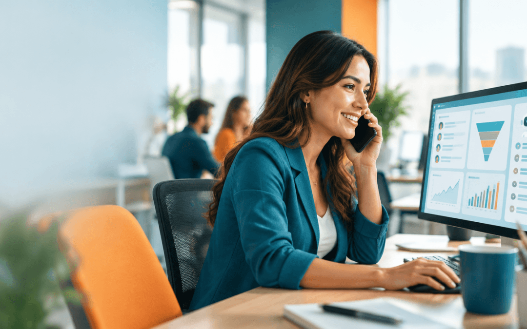 Vendedora atendendo cliente com apoio de assistente de inteligência artificial no CRM