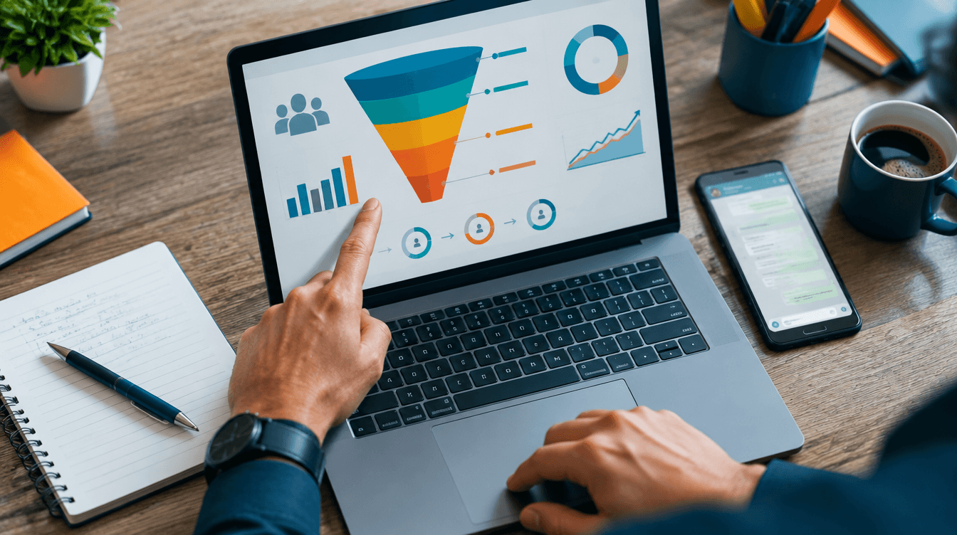 Gestor comercial analisando funil de vendas no notebook com apoio de inteligência artificial