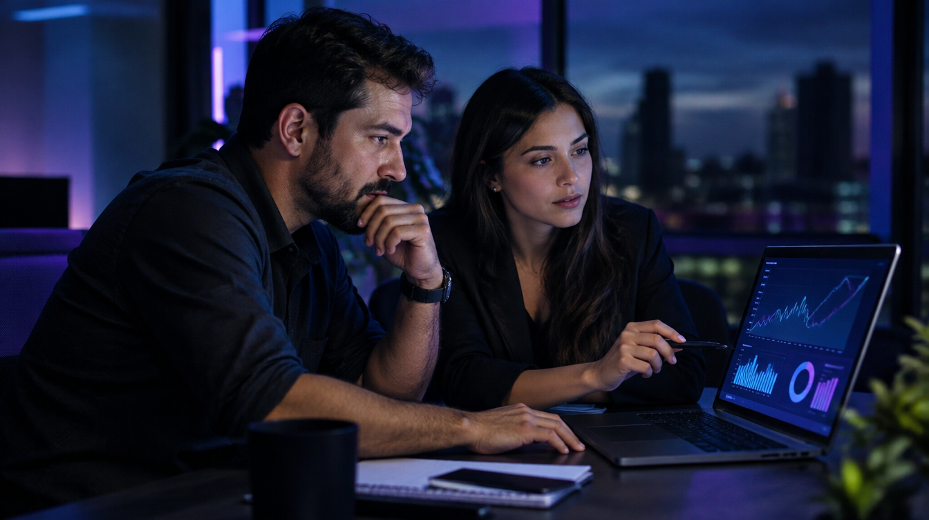 Empresário e analista de marketing analisando no notebook os resultados de campanhas com IA no Google Ads