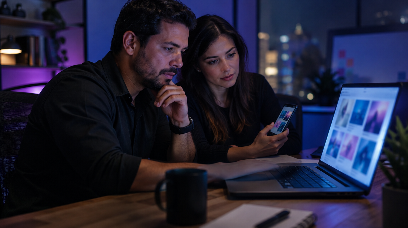 Empresário e assistente de marketing analisando variações de anúncios criadas com IA no notebook e no celular