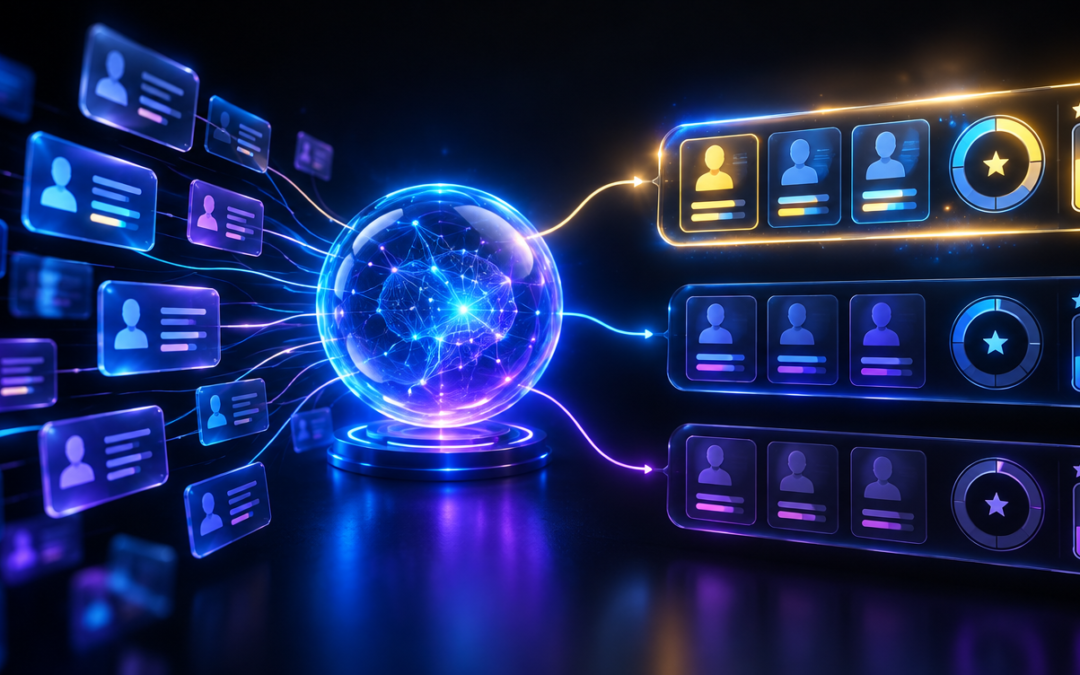 Ilustração 3D de inteligência artificial classificando cartões de leads por prioridade em faixas iluminadas de azul e roxo