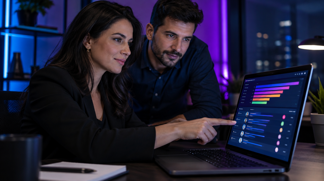 Gestora comercial e colega analisando no notebook um painel de priorização de leads feito com inteligência artificial