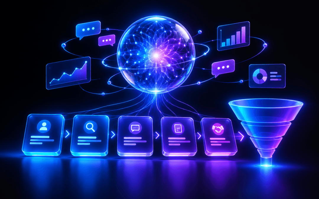 Ilustração 3D de assistente de inteligência artificial conectado a um funil de vendas luminoso em azul e roxo