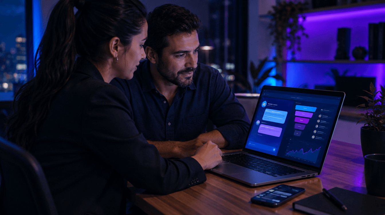 Empresário e vendedora analisando no notebook um assistente de IA e o funil de vendas da empresa