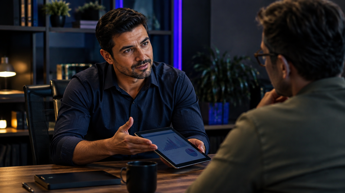 Vendedor apresentando proposta em tablet para cliente durante negociação, contornando objeção de preço