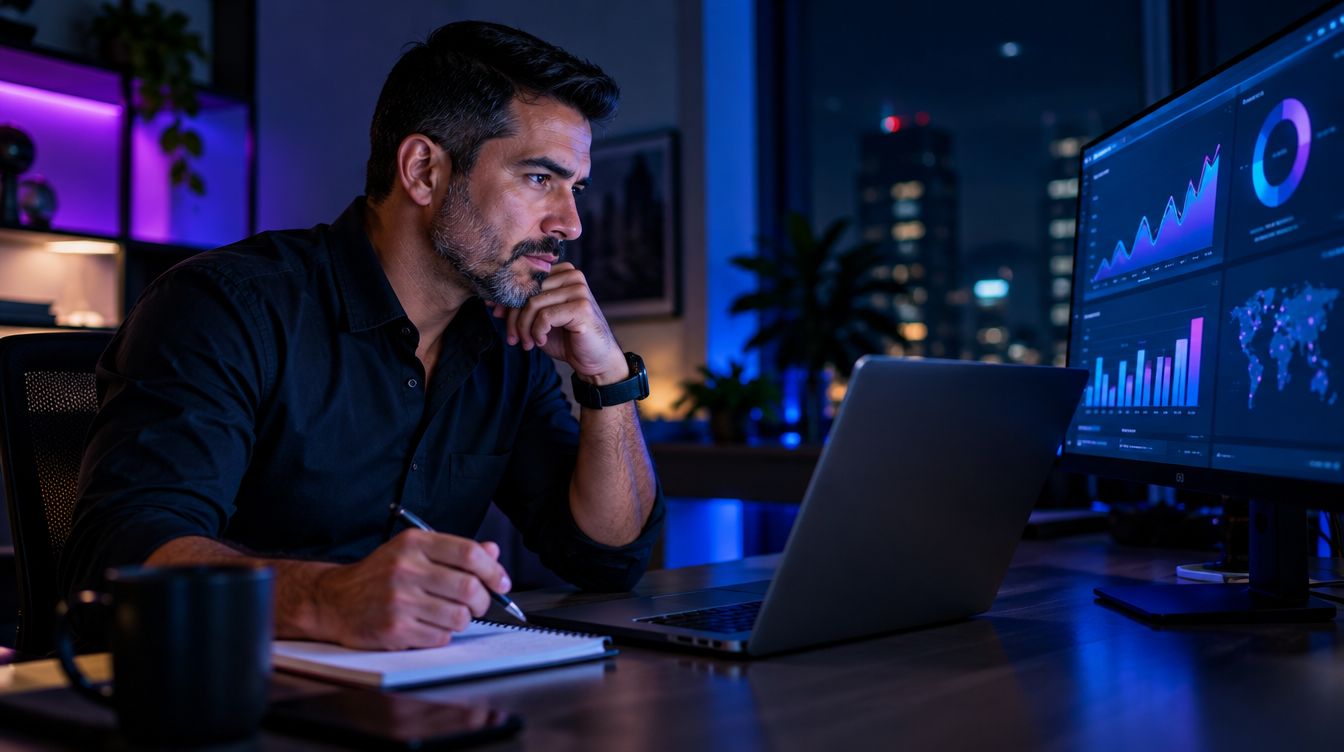 Empresário analisando relatório de termos de pesquisa do Google Ads para definir palavras-chave negativas