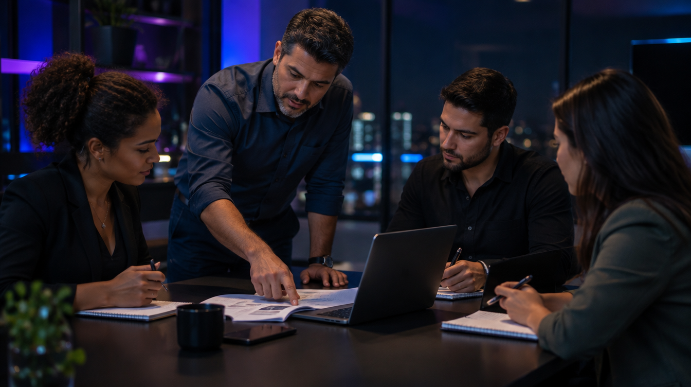 Gestor comercial treinando a equipe de vendas com o playbook de vendas em reunião no escritório