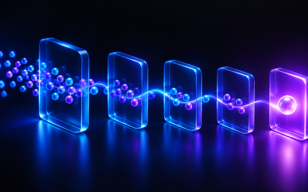 Ilustração 3D de um processo comercial com etapas luminosas do primeiro contato ao fechamento da venda