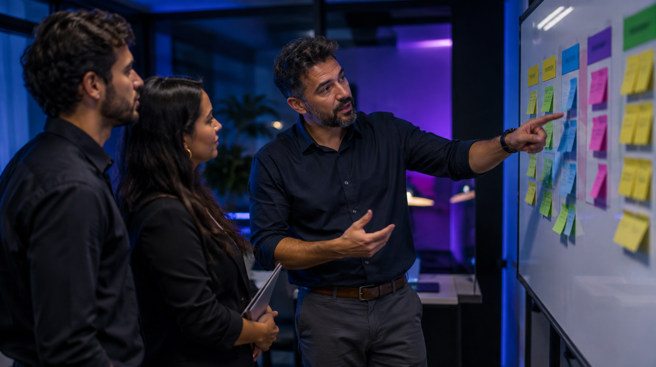 Empresário apresenta à equipe de vendas as etapas do processo comercial em um quadro com notas adesivas