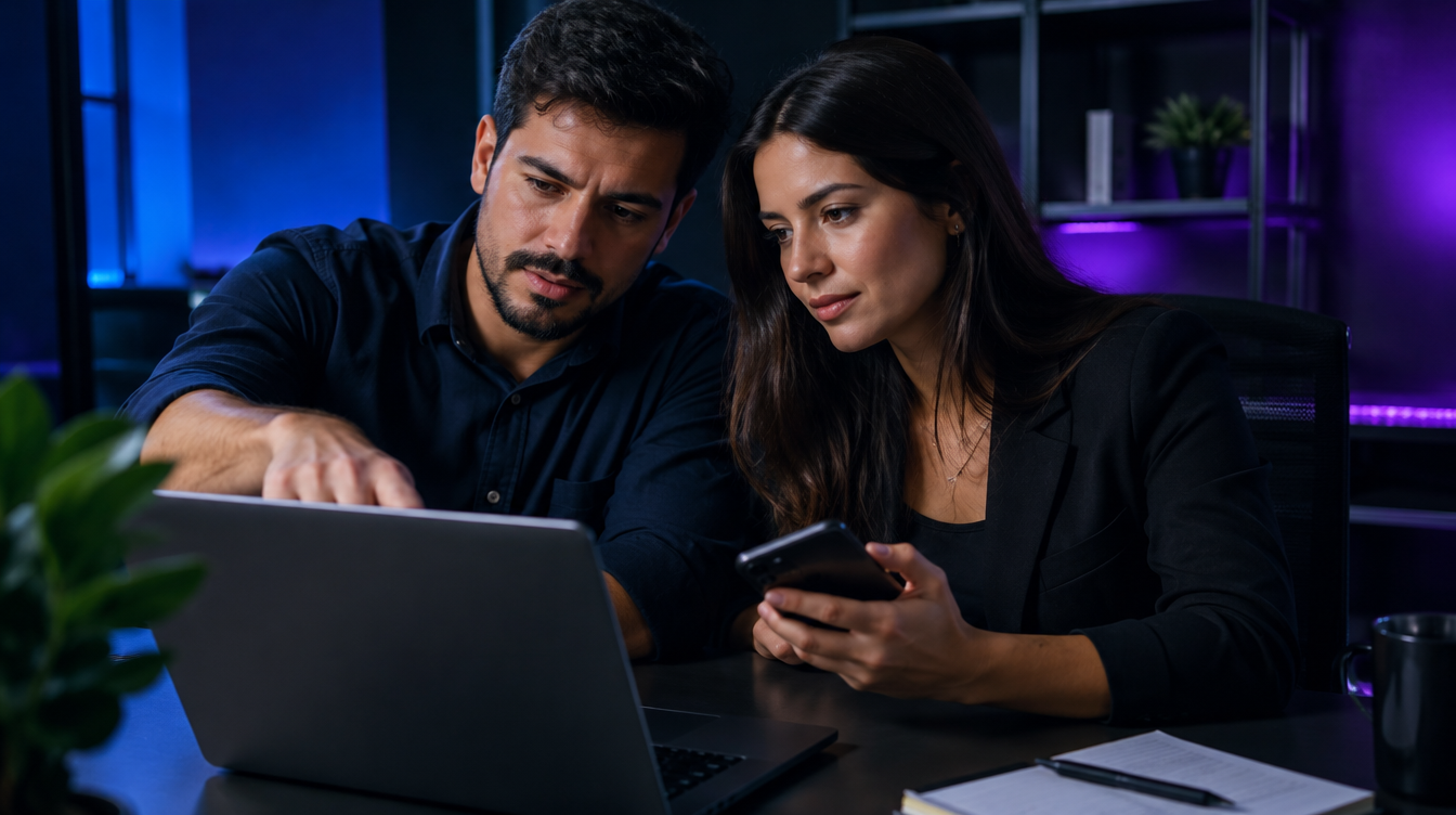 Gestor comercial e vendedora analisando lista de leads no notebook para decidir quem contatar primeiro