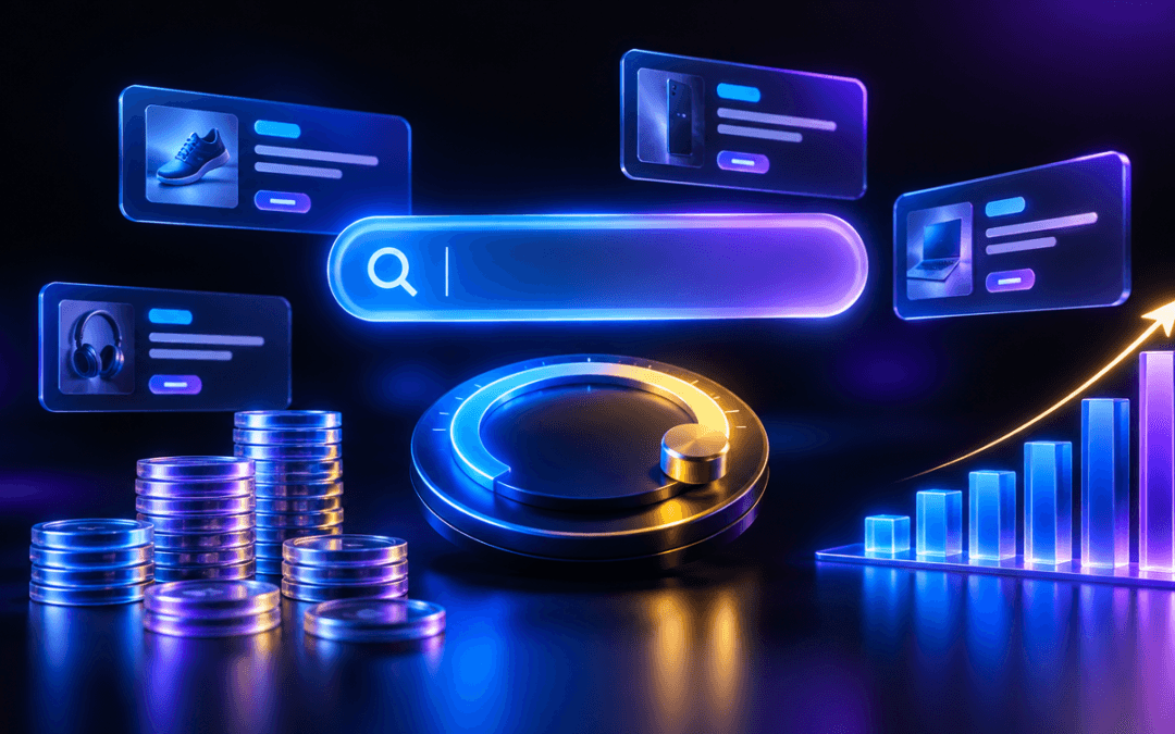 Barra de busca, cards de anúncio e gráfico de barras iluminados representando o orçamento ideal no Google Ads