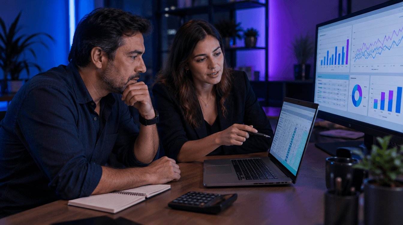 Empresário e consultora de marketing analisando o orçamento do Google Ads em um painel de resultados no computador
