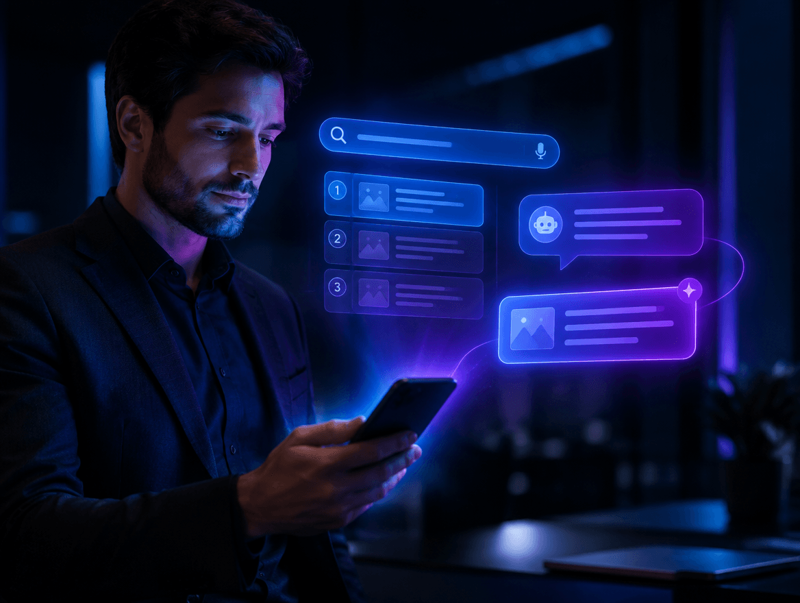 SEO e GEO Pessoa pesquisando fornecedores no Google e em assistentes de inteligência artificial