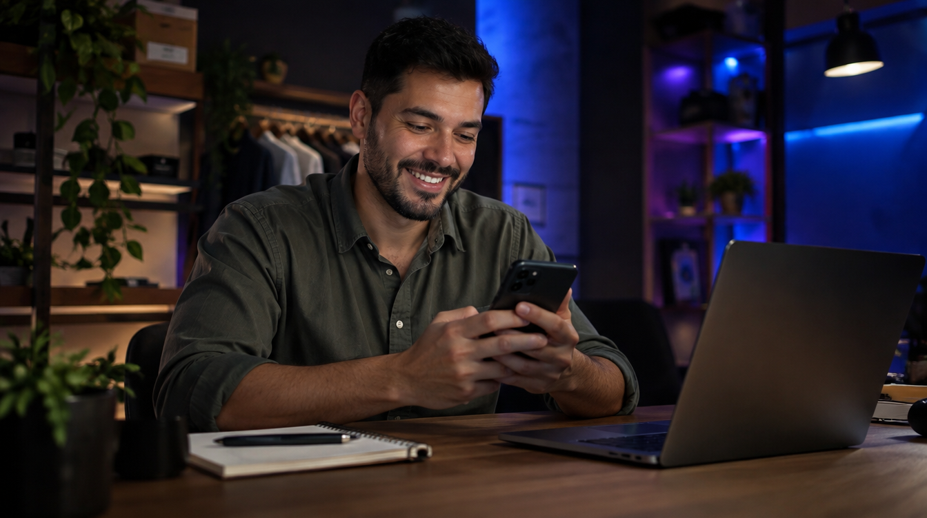 Empresário brasileiro respondendo cliente pelo celular para fechar vendas pelo WhatsApp
